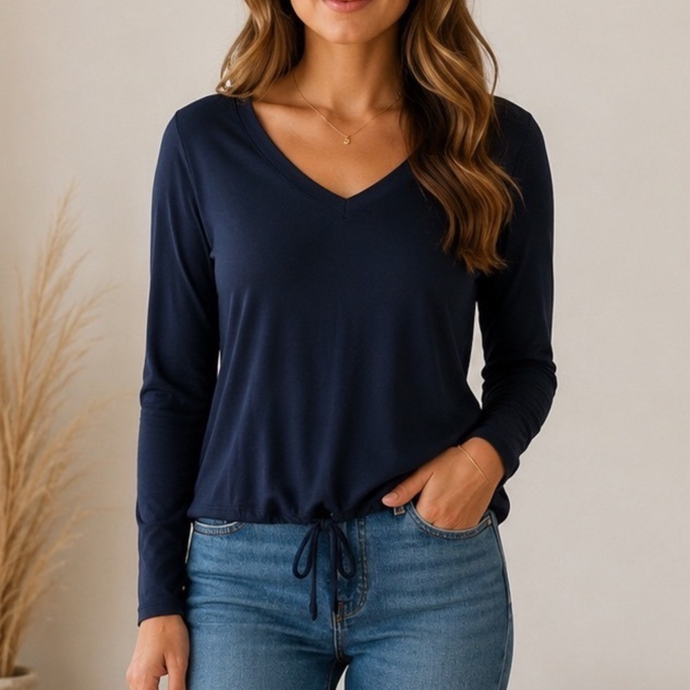 Cabi Long Sleeve V-Neck Top Navy Blue Drawstring Back Minimalist Preppy Size XS